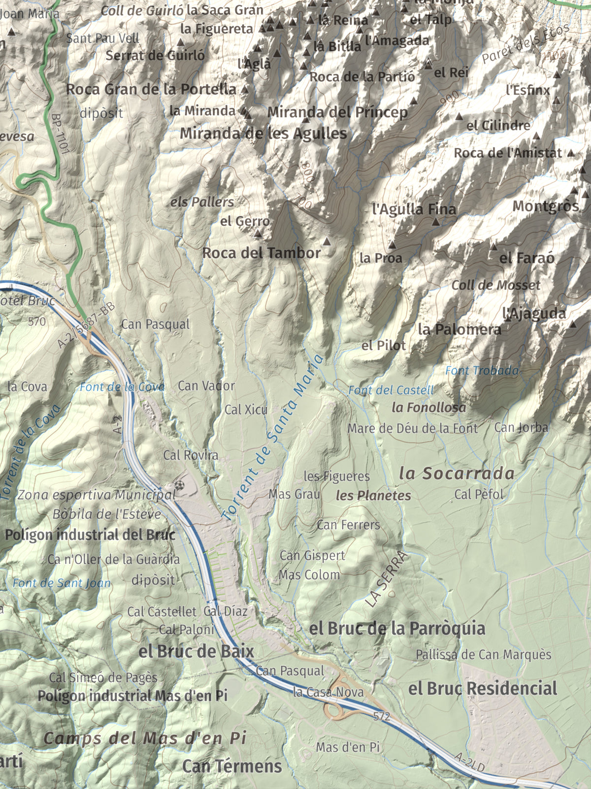 Mapa de relieve de Torre Alta (Castell Ferran), 842 m, Anoia, lámina 100 Cims de Trobart. Detalle de la zona inferior derecha. 30 × 40 cm.