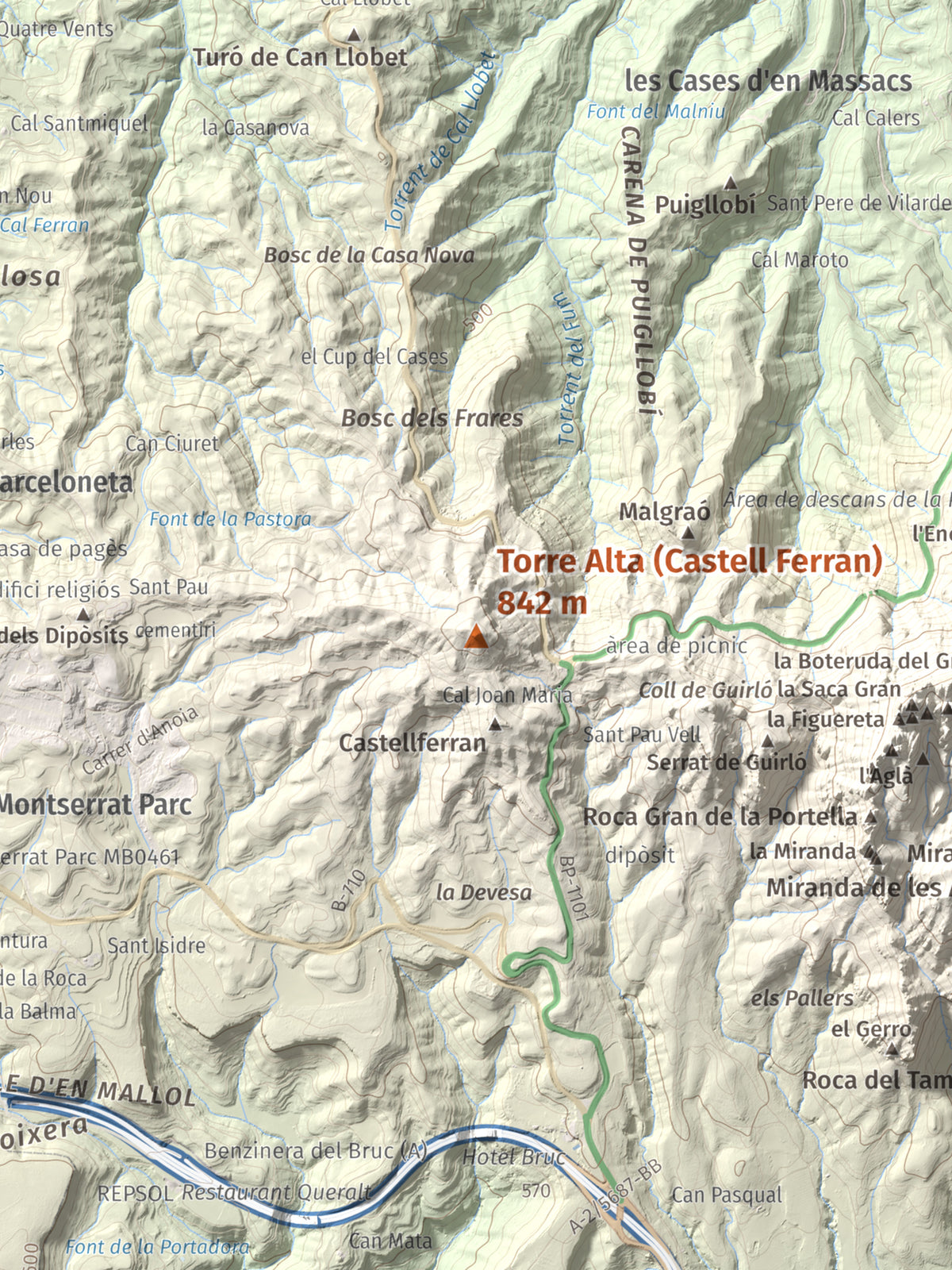 Mapa de relieve de Torre Alta (Castell Ferran), 842 m, Anoia, lámina 100 Cims de Trobart. Detalle de la zona central. 30 × 40 cm.