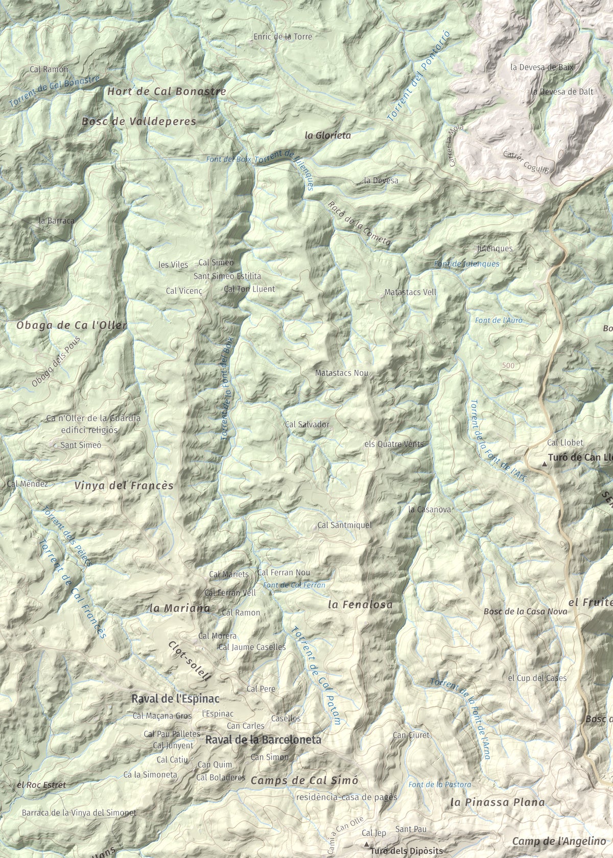 Mapa de relieve de Torre Alta (Castell Ferran), 842 m, Anoia, lámina 100 Cims de Trobart. Detalle de la zona superior izquierda. 50 × 70 cm.