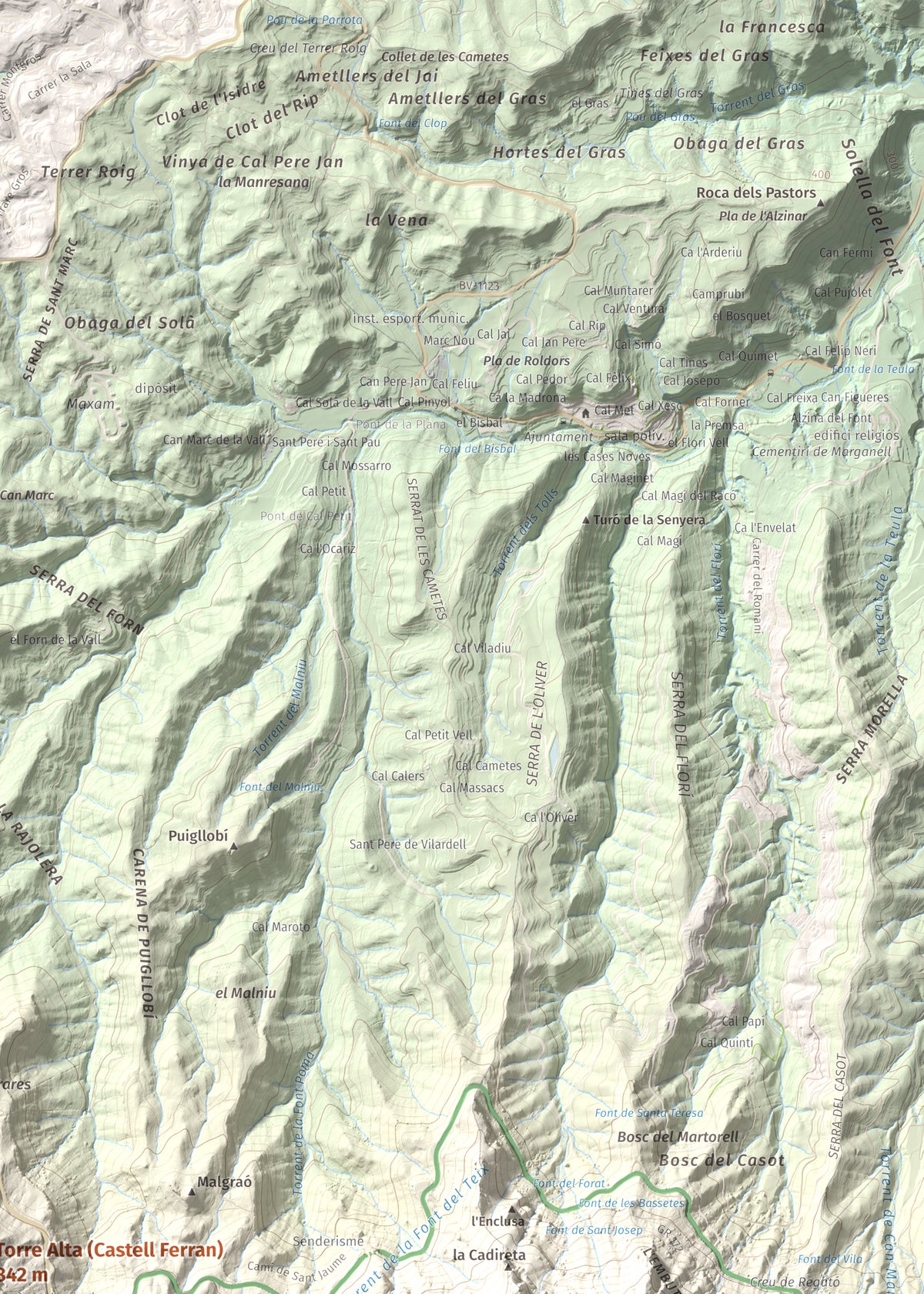 Mapa de relieve de Torre Alta (Castell Ferran), 842 m, Anoia, lámina 100 Cims de Trobart. Detalle de la zona superior derecha. 50 × 70 cm.