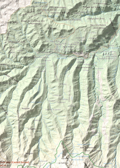 Mapa de relieve de Torre Alta (Castell Ferran), 842 m, Anoia, lámina 100 Cims de Trobart. Detalle de la zona superior derecha. 50 × 70 cm.