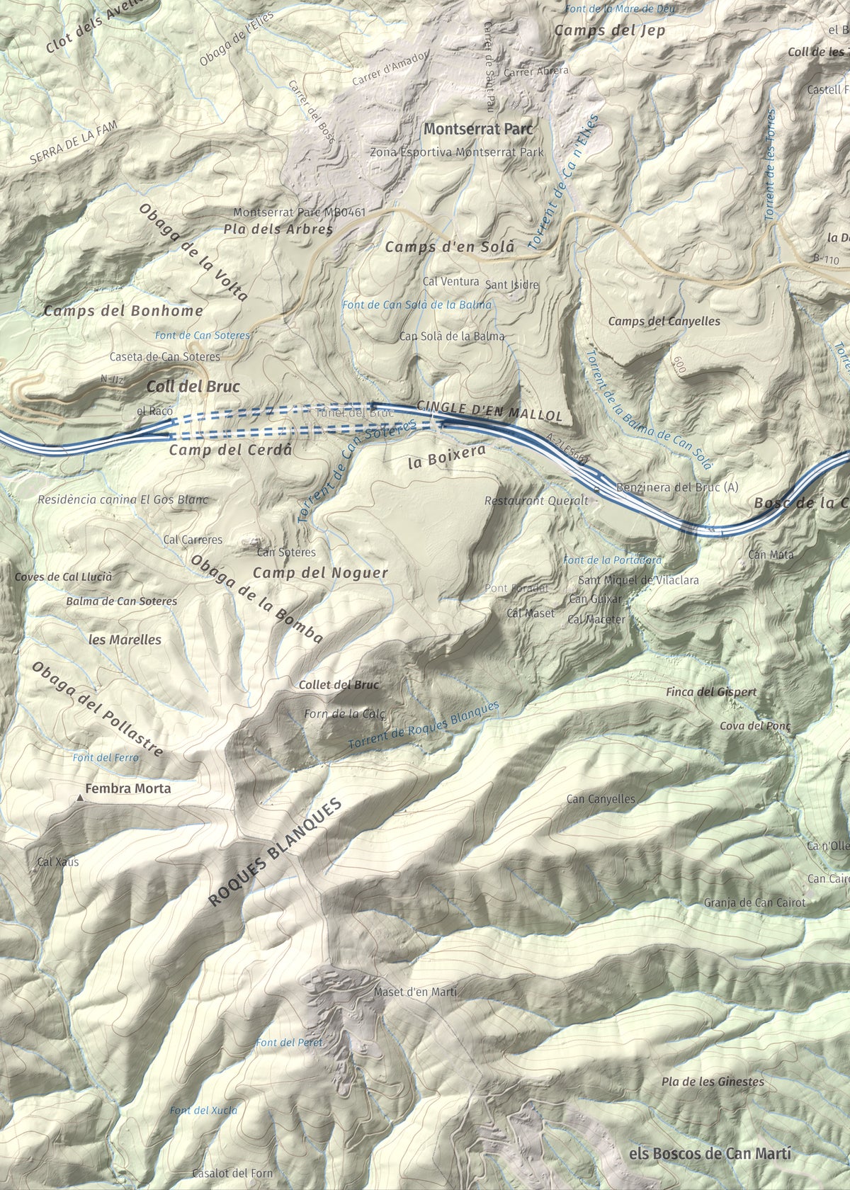 Mapa de relieve de Torre Alta (Castell Ferran), 842 m, Anoia, lámina 100 Cims de Trobart. Detalle de la zona inferior izquierda. 50 × 70 cm.