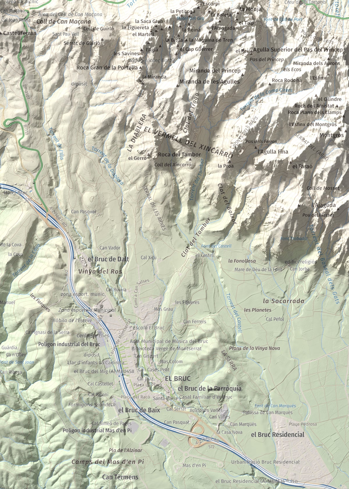 Mapa de relieve de Torre Alta (Castell Ferran), 842 m, Anoia, lámina 100 Cims de Trobart. Detalle de la zona inferior derecha. 50 × 70 cm.