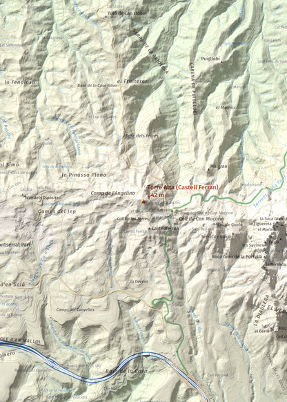 Mapa de relieve de Torre Alta (Castell Ferran), 842 m, Anoia, lámina 100 Cims de Trobart. Detalle de la zona central. 50 × 70 cm.