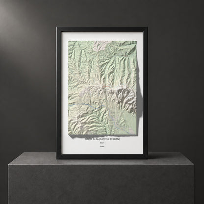 Mapa de relieve de Torre Alta (Castell Ferran), 842 m, Anoia, lámina 100 Cims de Trobart. Presentación enmarcada. 61 × 91 cm.