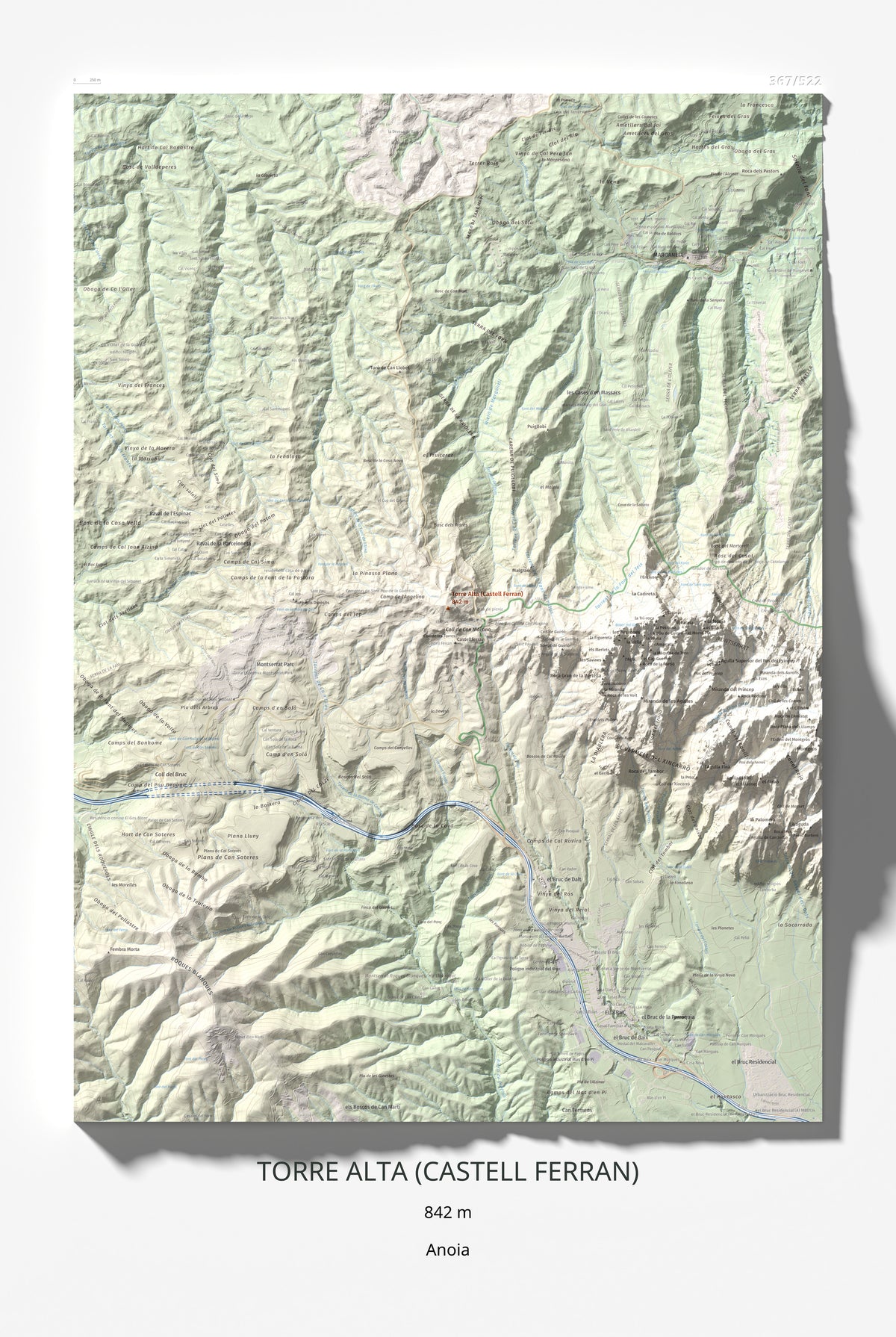 Mapa de relieve de Torre Alta (Castell Ferran), 842 m, Anoia, lámina 100 Cims de Trobart 61 × 91 cm.