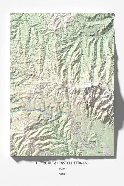 Mapa de relieve de Torre Alta (Castell Ferran), 842 m, Anoia, lámina 100 Cims de Trobart 61 × 91 cm.