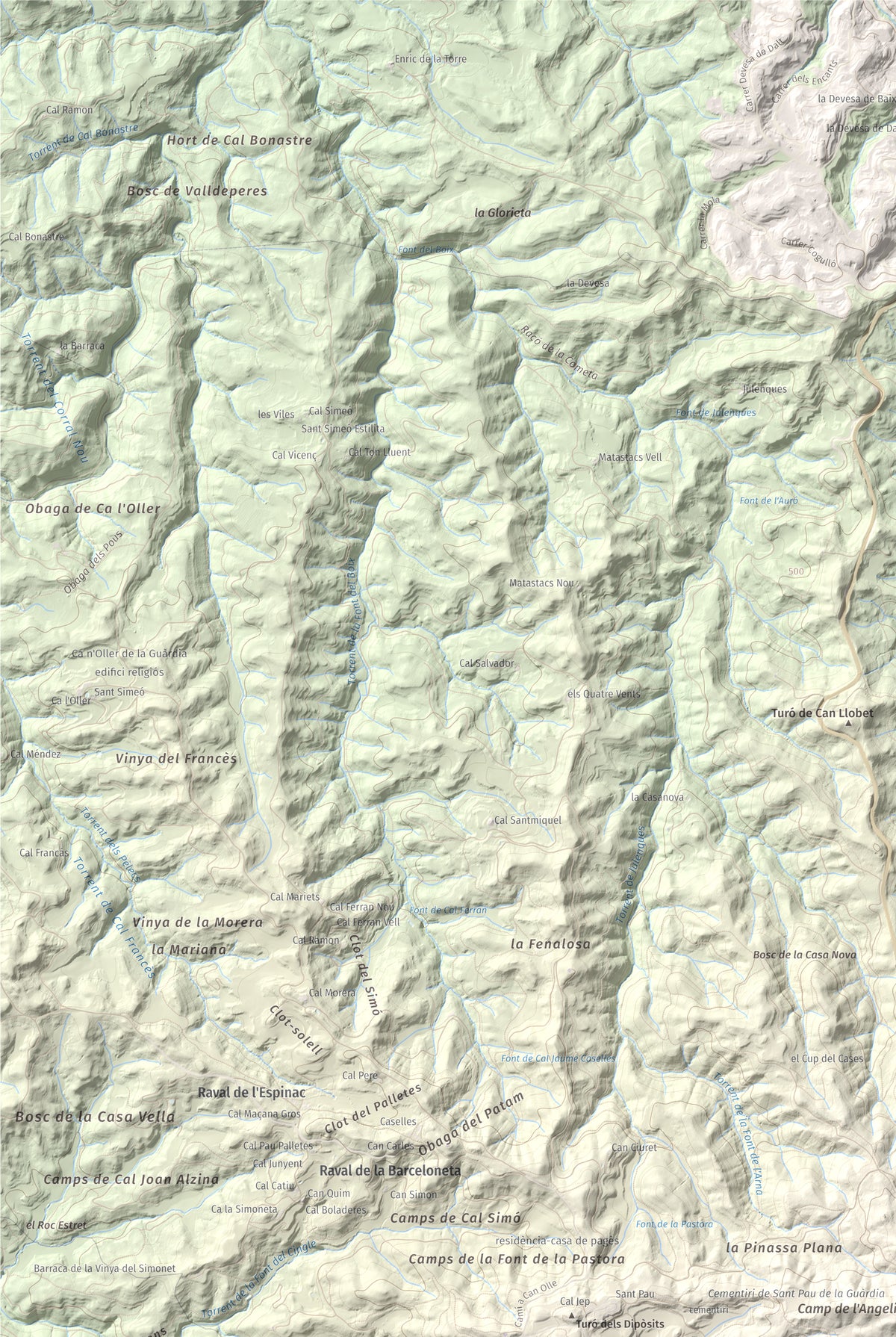 Mapa de relieve de Torre Alta (Castell Ferran), 842 m, Anoia, lámina 100 Cims de Trobart. Detalle de la zona superior izquierda. 61 × 91 cm.