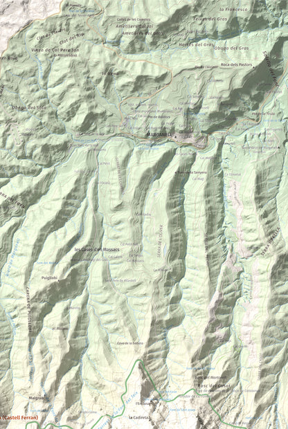 Mapa de relieve de Torre Alta (Castell Ferran), 842 m, Anoia, lámina 100 Cims de Trobart. Detalle de la zona superior derecha. 61 × 91 cm.