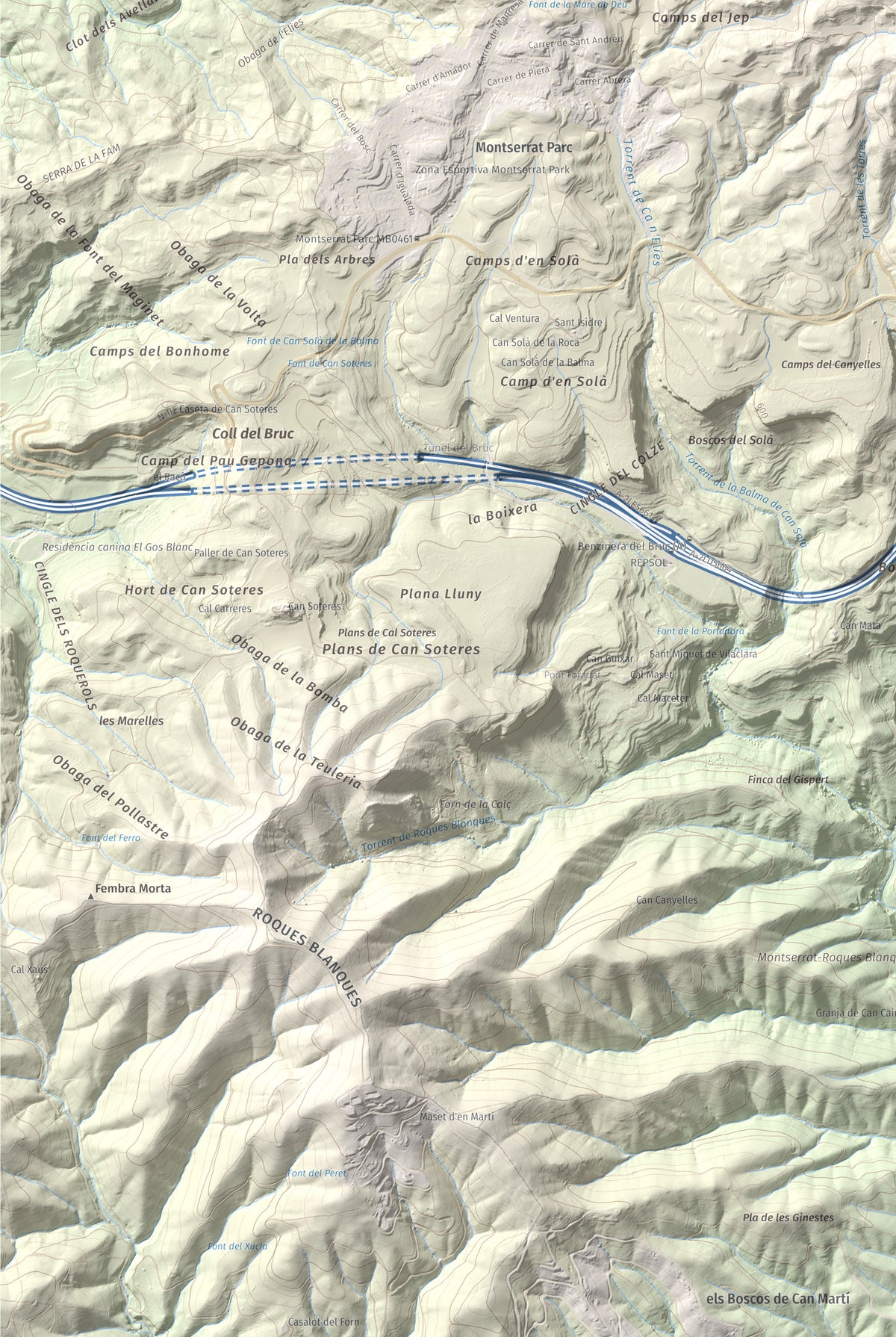 Mapa de relieve de Torre Alta (Castell Ferran), 842 m, Anoia, lámina 100 Cims de Trobart. Detalle de la zona inferior izquierda. 61 × 91 cm.