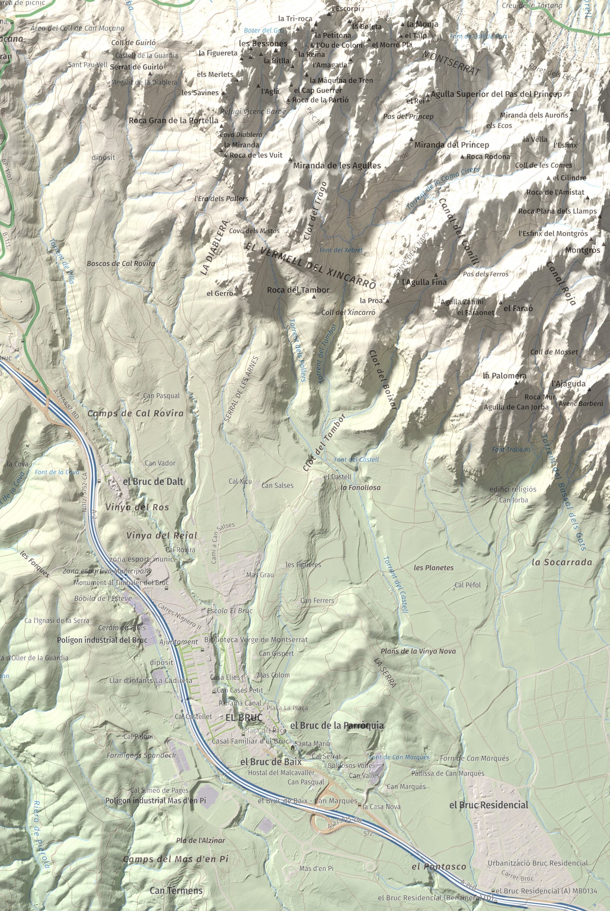 Mapa de relieve de Torre Alta (Castell Ferran), 842 m, Anoia, lámina 100 Cims de Trobart. Detalle de la zona inferior derecha. 61 × 91 cm.