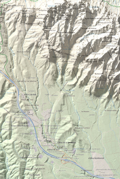 Mapa de relieve de Torre Alta (Castell Ferran), 842 m, Anoia, lámina 100 Cims de Trobart. Detalle de la zona inferior derecha. 61 × 91 cm.