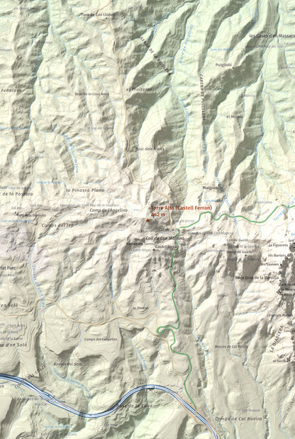 Mapa de relieve de Torre Alta (Castell Ferran), 842 m, Anoia, lámina 100 Cims de Trobart. Detalle de la zona central. 61 × 91 cm.