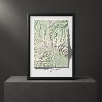 Mapa de relieve de Torre Alta (Castell Ferran), 842 m, Anoia, lámina 100 Cims de Trobart. Presentación enmarcada. 70 × 100 cm.