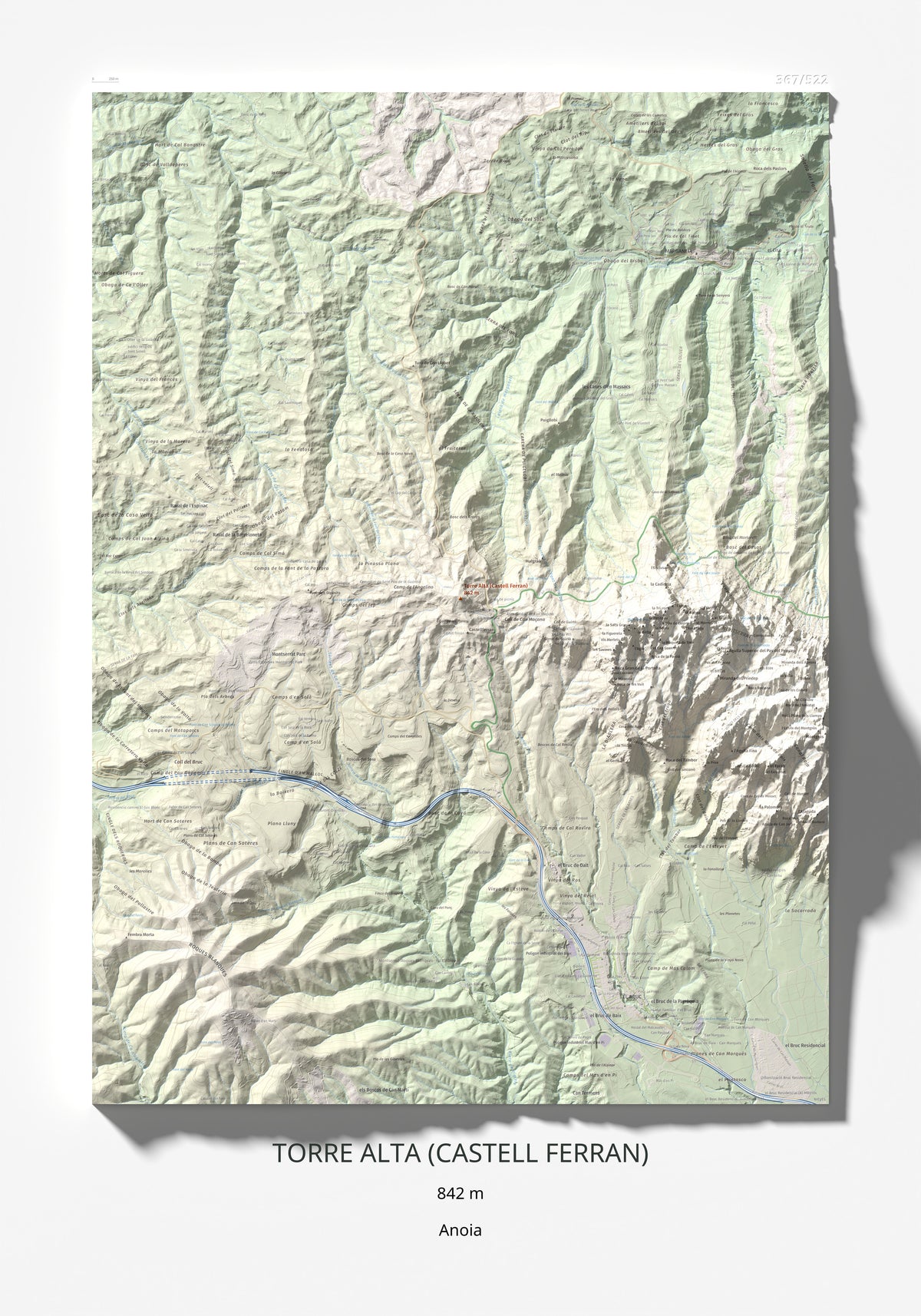 Mapa de relieve de Torre Alta (Castell Ferran), 842 m, Anoia, lámina 100 Cims de Trobart 70 × 100 cm.
