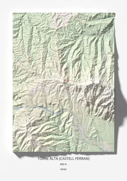 Mapa de relieve de Torre Alta (Castell Ferran), 842 m, Anoia, lámina 100 Cims de Trobart 70 × 100 cm.