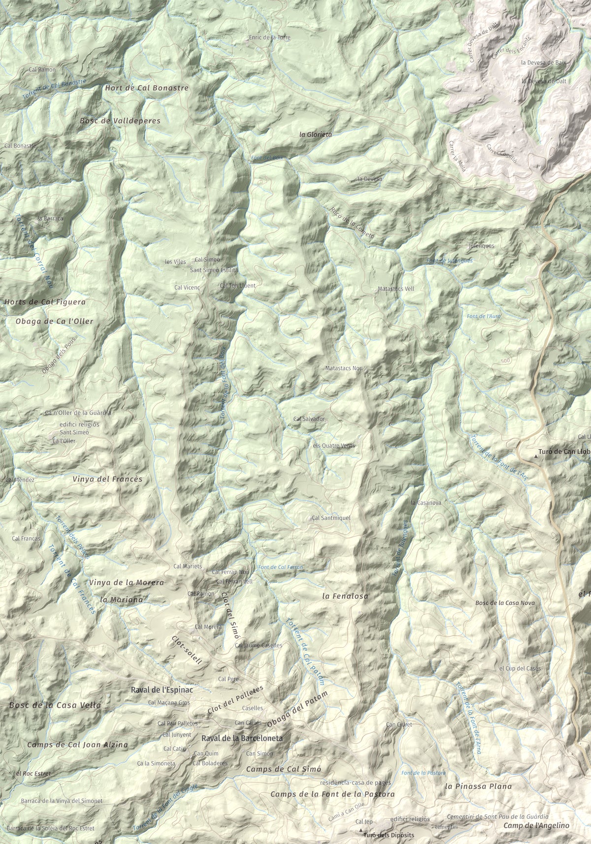 Mapa de relieve de Torre Alta (Castell Ferran), 842 m, Anoia, lámina 100 Cims de Trobart. Detalle de la zona superior izquierda. 70 × 100 cm.