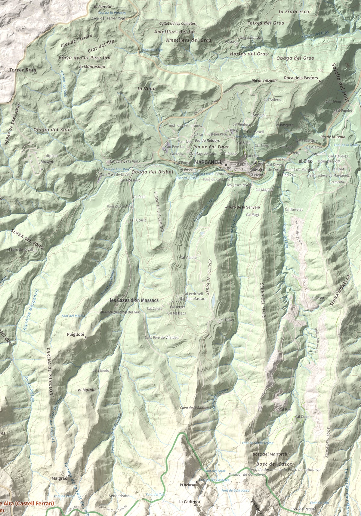 Mapa de relieve de Torre Alta (Castell Ferran), 842 m, Anoia, lámina 100 Cims de Trobart. Detalle de la zona superior derecha. 70 × 100 cm.