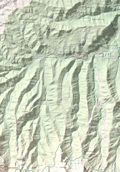 Mapa de relieve de Torre Alta (Castell Ferran), 842 m, Anoia, lámina 100 Cims de Trobart. Detalle de la zona superior derecha. 70 × 100 cm.