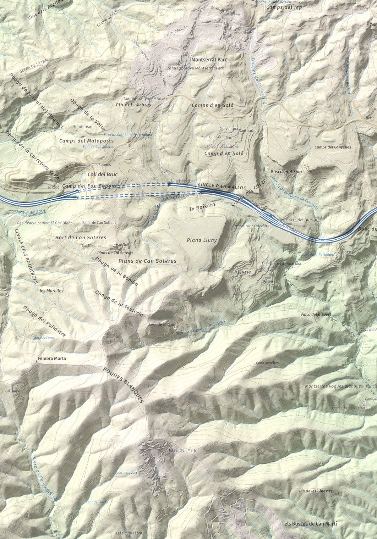 Mapa de relieve de Torre Alta (Castell Ferran), 842 m, Anoia, lámina 100 Cims de Trobart. Detalle de la zona inferior izquierda. 70 × 100 cm.