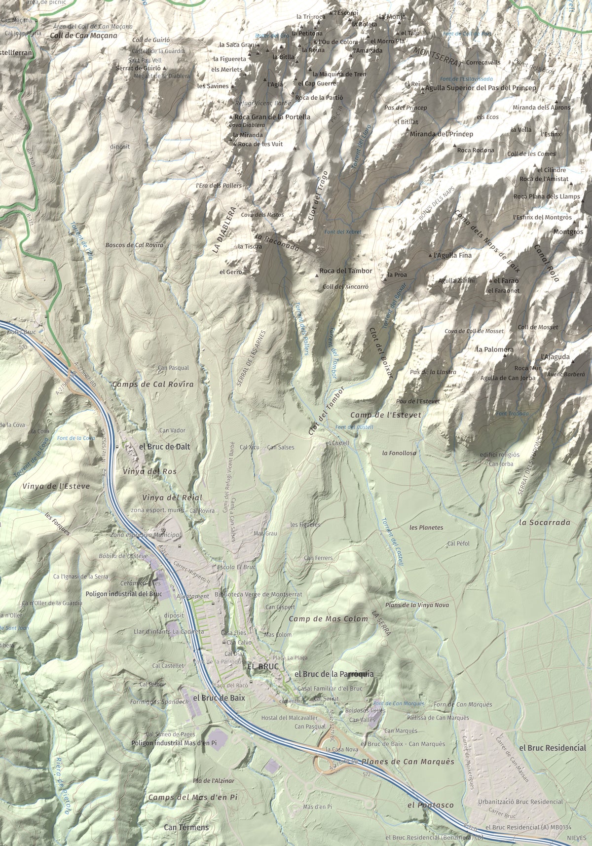 Mapa de relieve de Torre Alta (Castell Ferran), 842 m, Anoia, lámina 100 Cims de Trobart. Detalle de la zona inferior derecha. 70 × 100 cm.