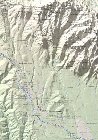 Mapa de relieve de Torre Alta (Castell Ferran), 842 m, Anoia, lámina 100 Cims de Trobart. Detalle de la zona inferior derecha. 70 × 100 cm.