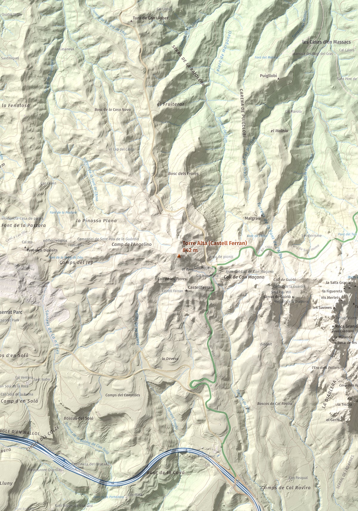 Mapa de relieve de Torre Alta (Castell Ferran), 842 m, Anoia, lámina 100 Cims de Trobart. Detalle de la zona central. 70 × 100 cm.