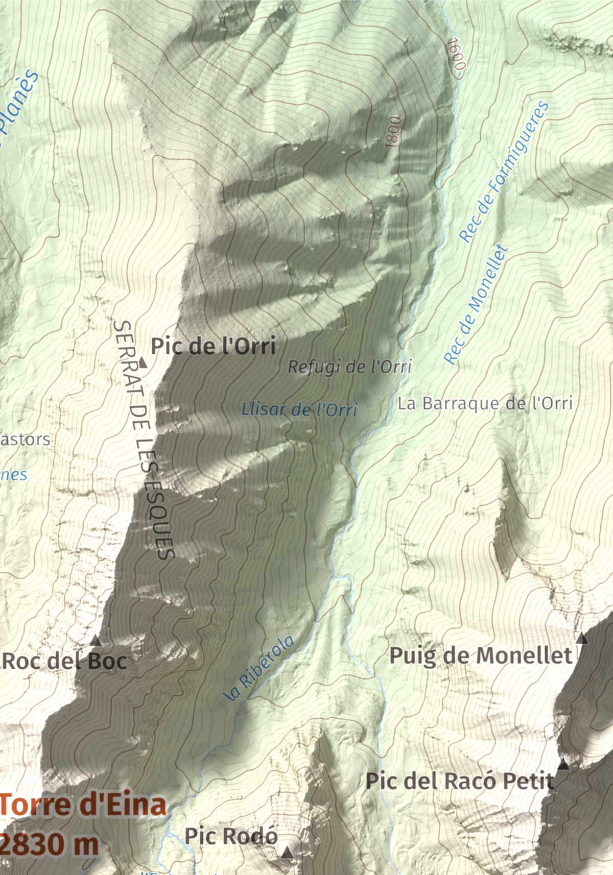 Mapa de relieve de Torre d'Eina, 2830 m, Cerdanya Nord · Conflent, lámina 100 Cims de Trobart. Detalle de la zona superior derecha. 21 × 30 cm.