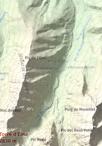Mapa de relieve de Torre d'Eina, 2830 m, Cerdanya Nord · Conflent, lámina 100 Cims de Trobart. Detalle de la zona superior derecha. 21 × 30 cm.