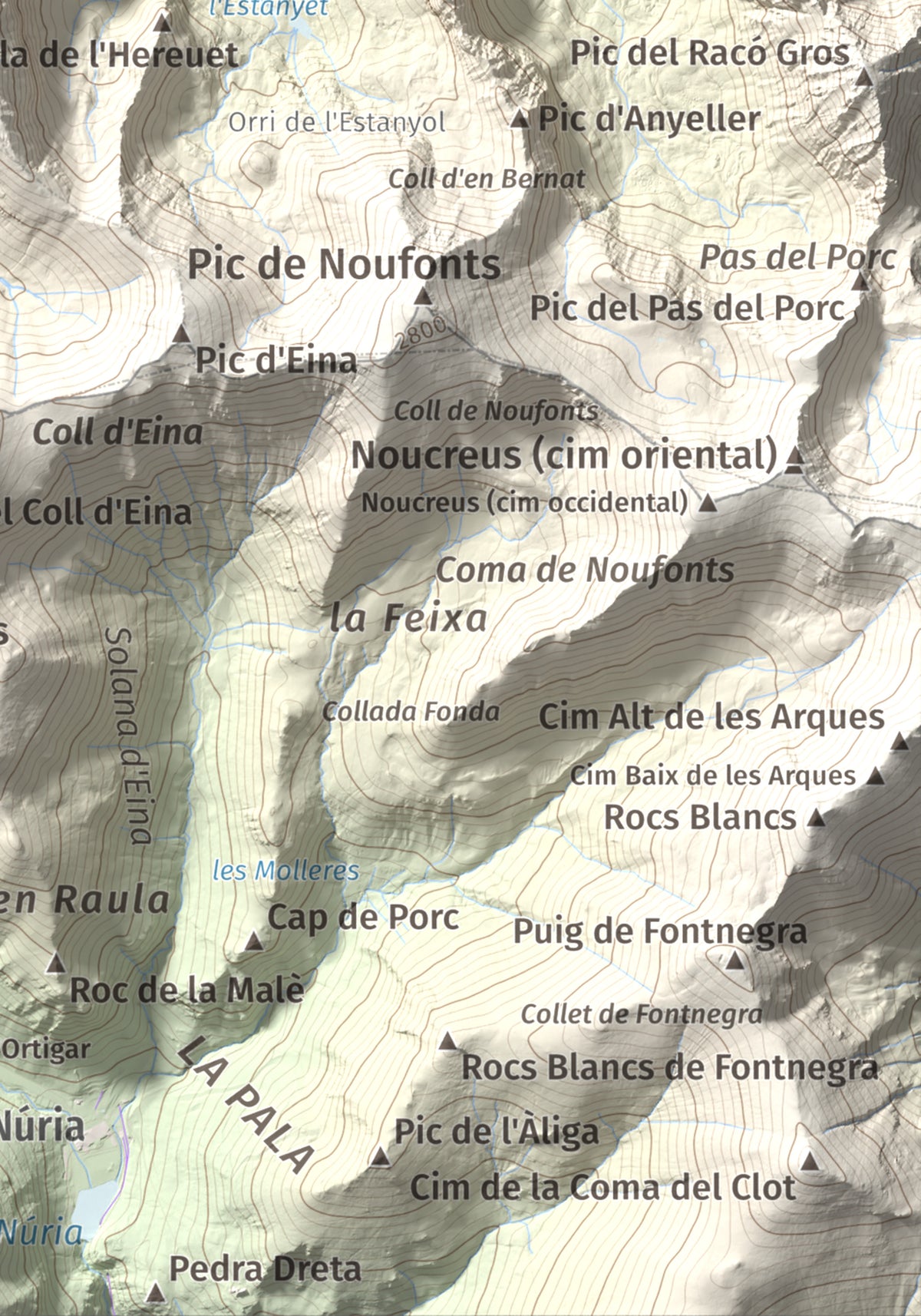 Mapa de relieve de Torre d'Eina, 2830 m, Cerdanya Nord · Conflent, lámina 100 Cims de Trobart. Detalle de la zona inferior derecha. 21 × 30 cm.