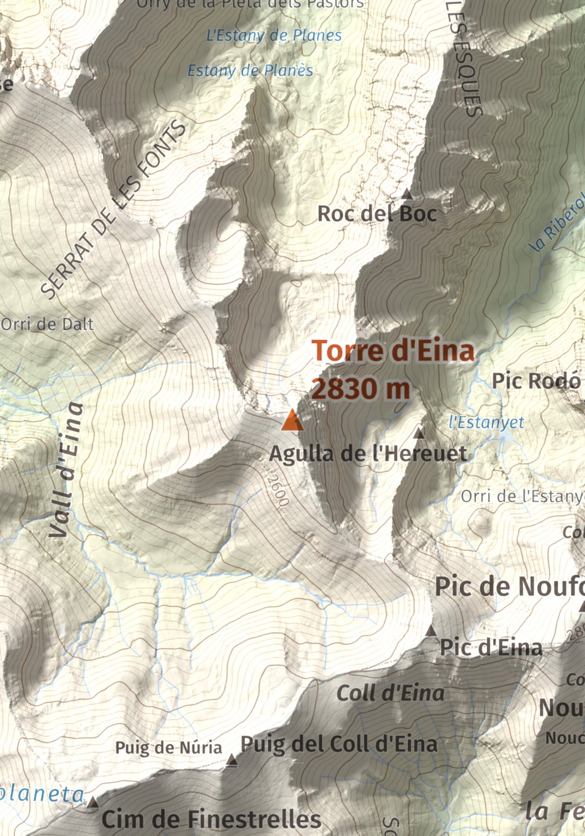 Mapa de relieve de Torre d'Eina, 2830 m, Cerdanya Nord · Conflent, lámina 100 Cims de Trobart. Detalle de la zona central. 21 × 30 cm.