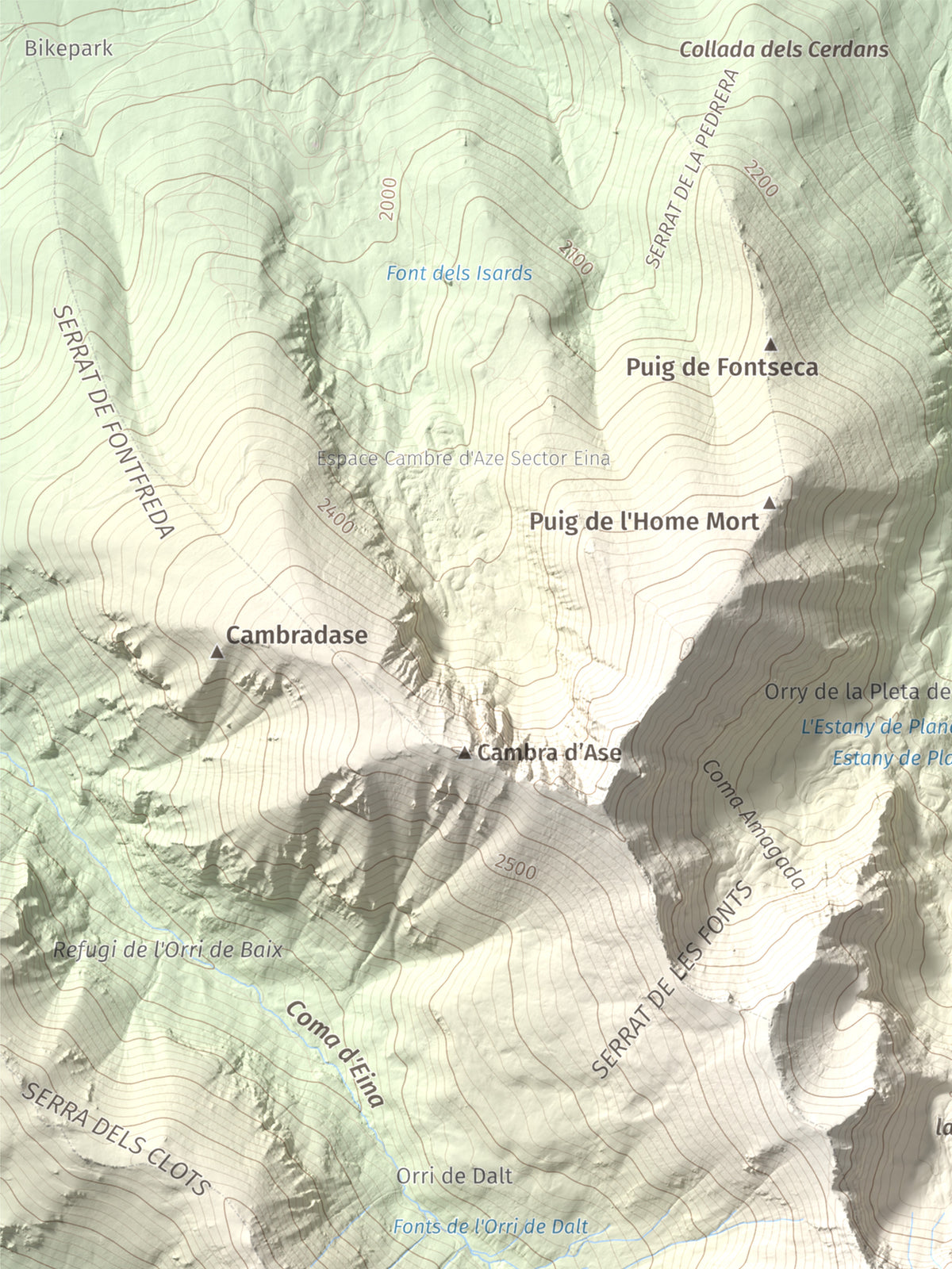 Mapa de relieve de Torre d'Eina, 2830 m, Cerdanya Nord · Conflent, lámina 100 Cims de Trobart. Detalle de la zona superior izquierda. 30 × 40 cm.