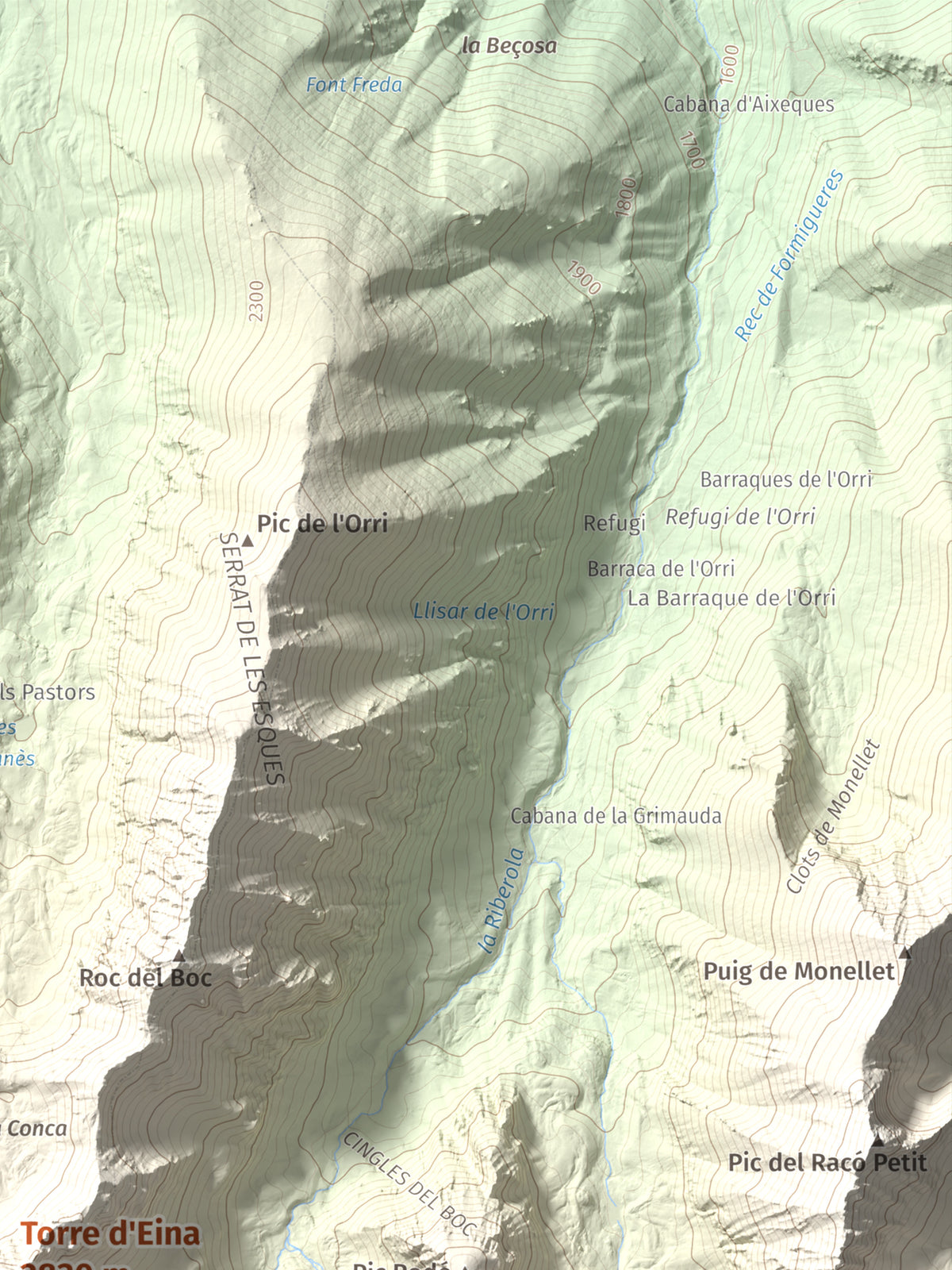 Mapa de relieve de Torre d'Eina, 2830 m, Cerdanya Nord · Conflent, lámina 100 Cims de Trobart. Detalle de la zona superior derecha. 30 × 40 cm.