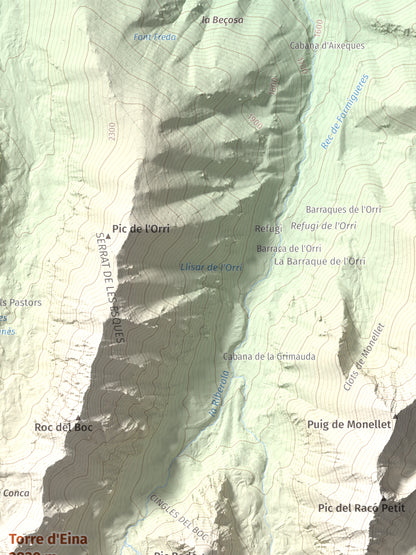 Mapa de relieve de Torre d'Eina, 2830 m, Cerdanya Nord · Conflent, lámina 100 Cims de Trobart. Detalle de la zona superior derecha. 30 × 40 cm.