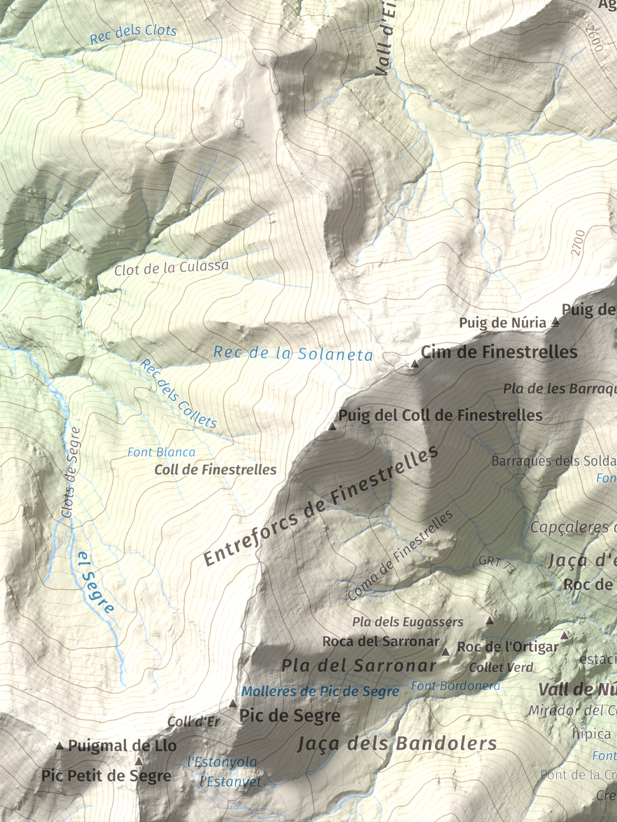Mapa de relieve de Torre d'Eina, 2830 m, Cerdanya Nord · Conflent, lámina 100 Cims de Trobart. Detalle de la zona inferior izquierda. 30 × 40 cm.
