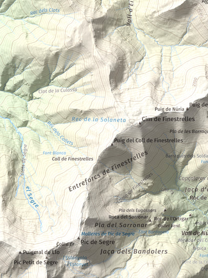 Mapa de relieve de Torre d'Eina, 2830 m, Cerdanya Nord · Conflent, lámina 100 Cims de Trobart. Detalle de la zona inferior izquierda. 30 × 40 cm.