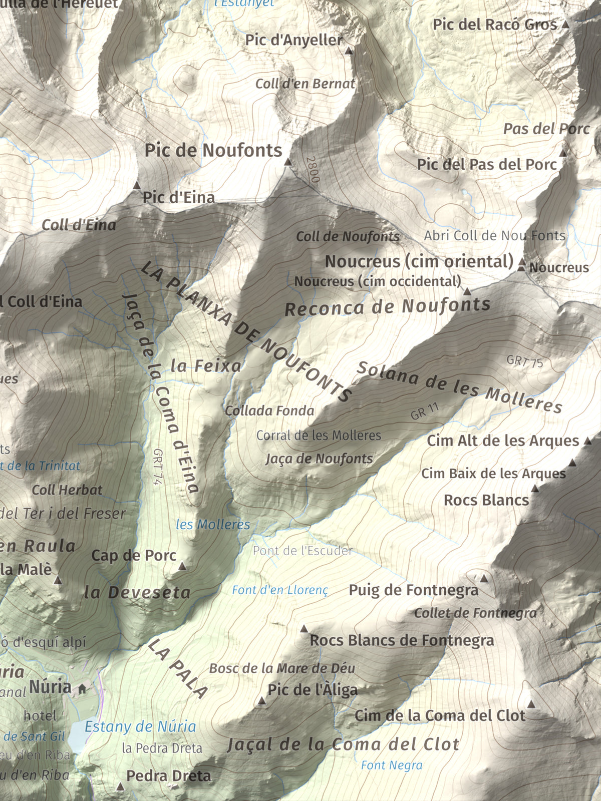 Mapa de relieve de Torre d'Eina, 2830 m, Cerdanya Nord · Conflent, lámina 100 Cims de Trobart. Detalle de la zona inferior derecha. 30 × 40 cm.