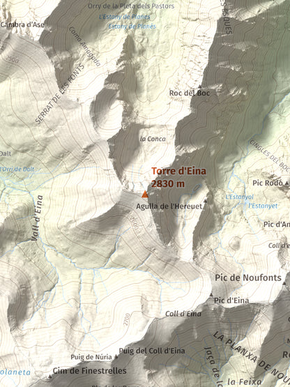 Mapa de relieve de Torre d'Eina, 2830 m, Cerdanya Nord · Conflent, lámina 100 Cims de Trobart. Detalle de la zona central. 30 × 40 cm.