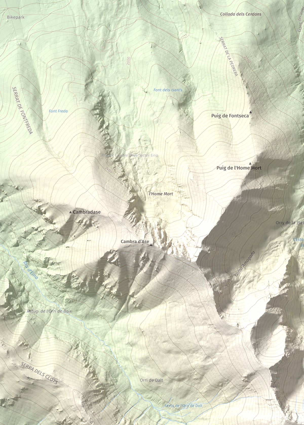 Mapa de relieve de Torre d'Eina, 2830 m, Cerdanya Nord · Conflent, lámina 100 Cims de Trobart. Detalle de la zona superior izquierda. 50 × 70 cm.