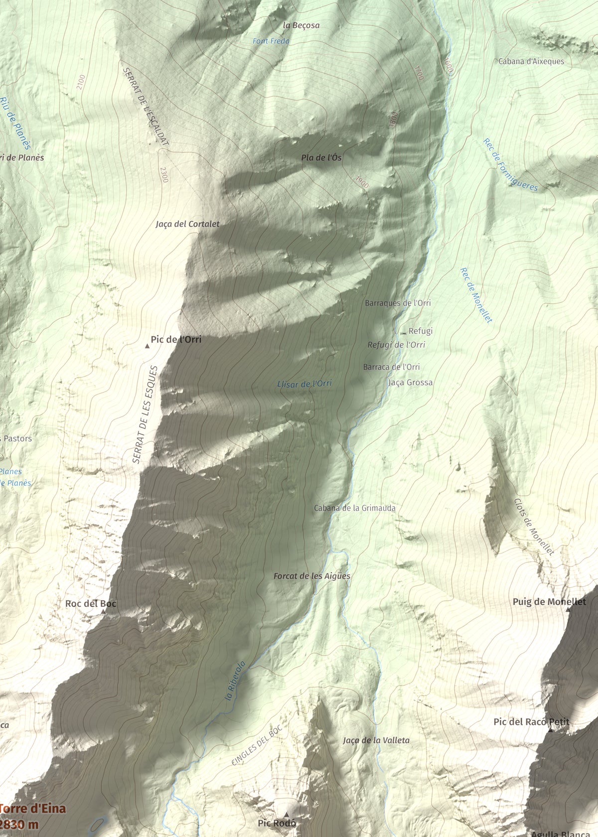 Mapa de relieve de Torre d'Eina, 2830 m, Cerdanya Nord · Conflent, lámina 100 Cims de Trobart. Detalle de la zona superior derecha. 50 × 70 cm.