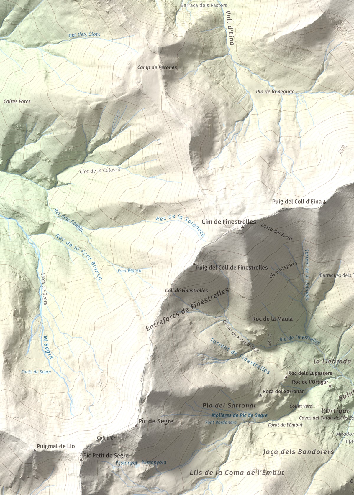 Mapa de relieve de Torre d'Eina, 2830 m, Cerdanya Nord · Conflent, lámina 100 Cims de Trobart. Detalle de la zona inferior izquierda. 50 × 70 cm.