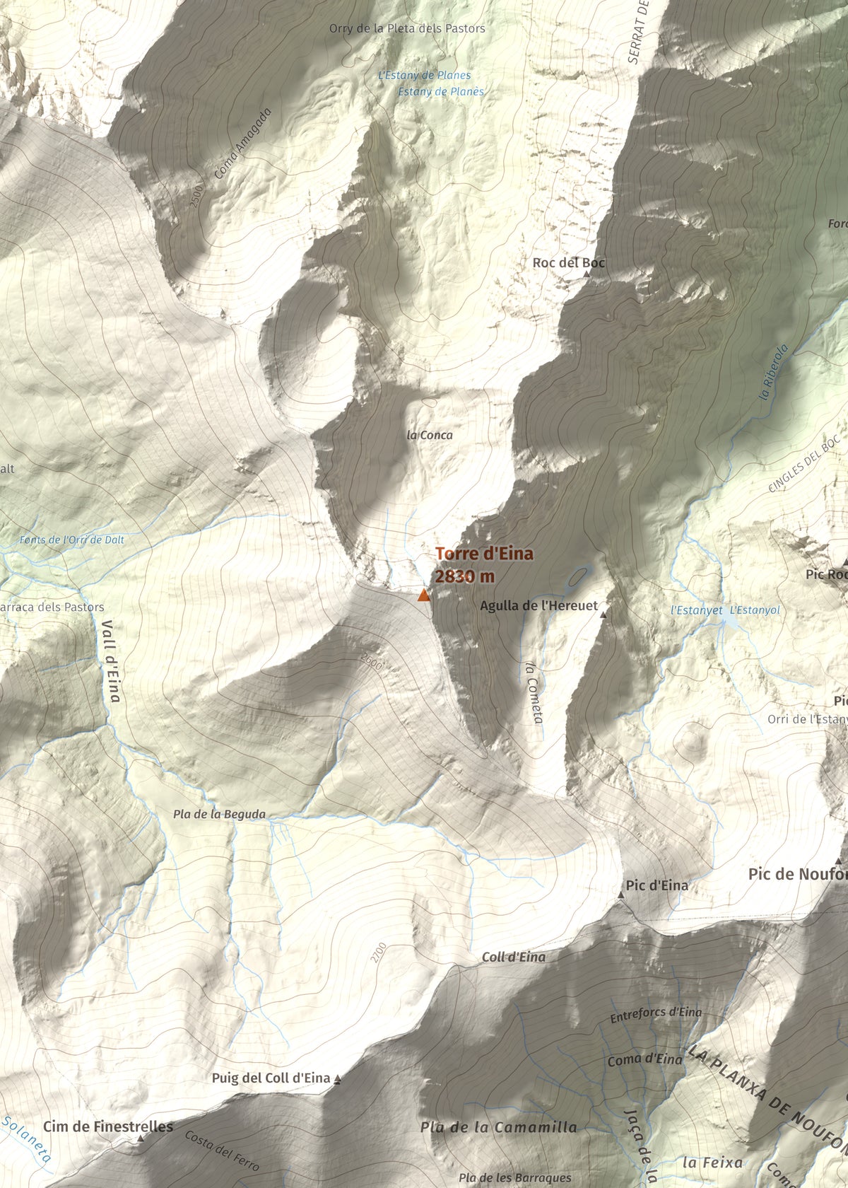 Mapa de relieve de Torre d'Eina, 2830 m, Cerdanya Nord · Conflent, lámina 100 Cims de Trobart. Detalle de la zona central. 50 × 70 cm.