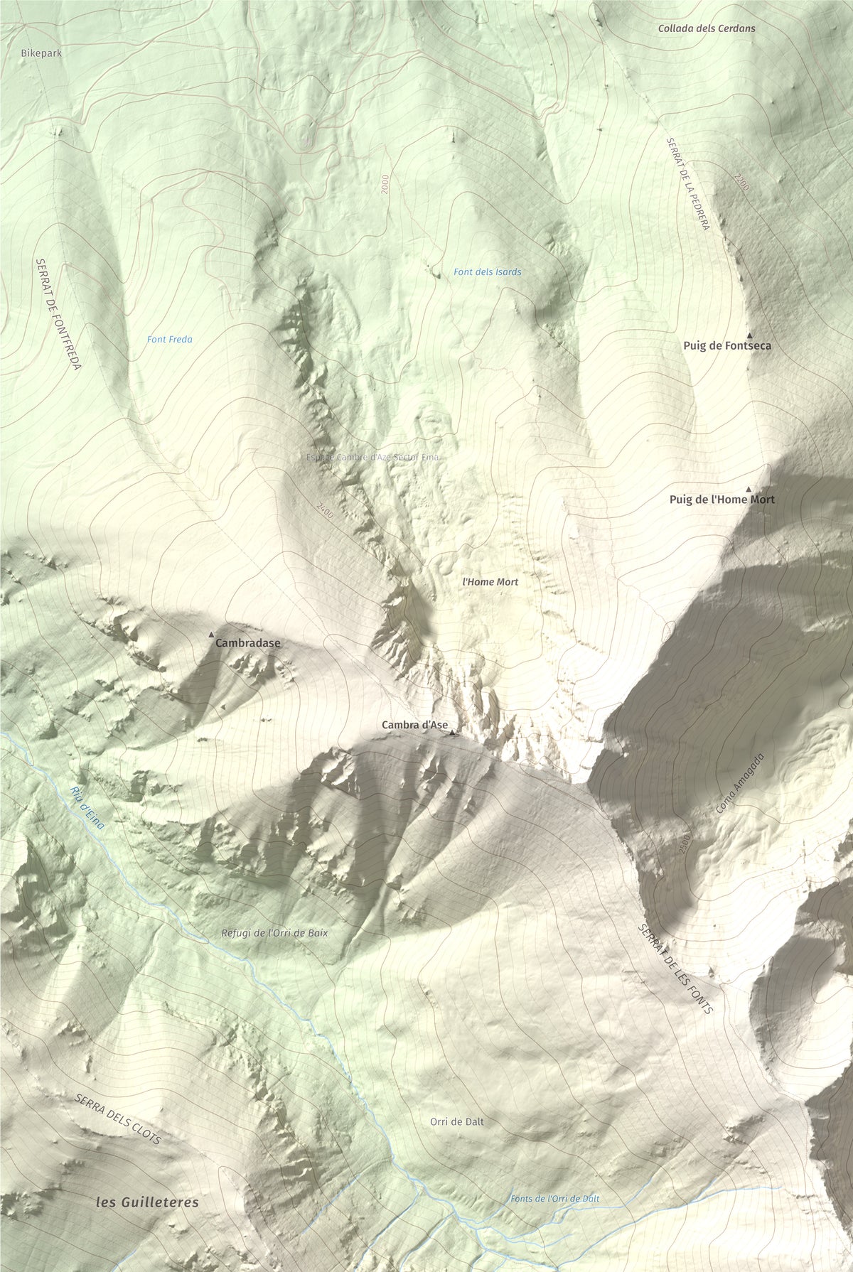 Mapa de relieve de Torre d'Eina, 2830 m, Cerdanya Nord · Conflent, lámina 100 Cims de Trobart. Detalle de la zona superior izquierda. 61 × 91 cm.