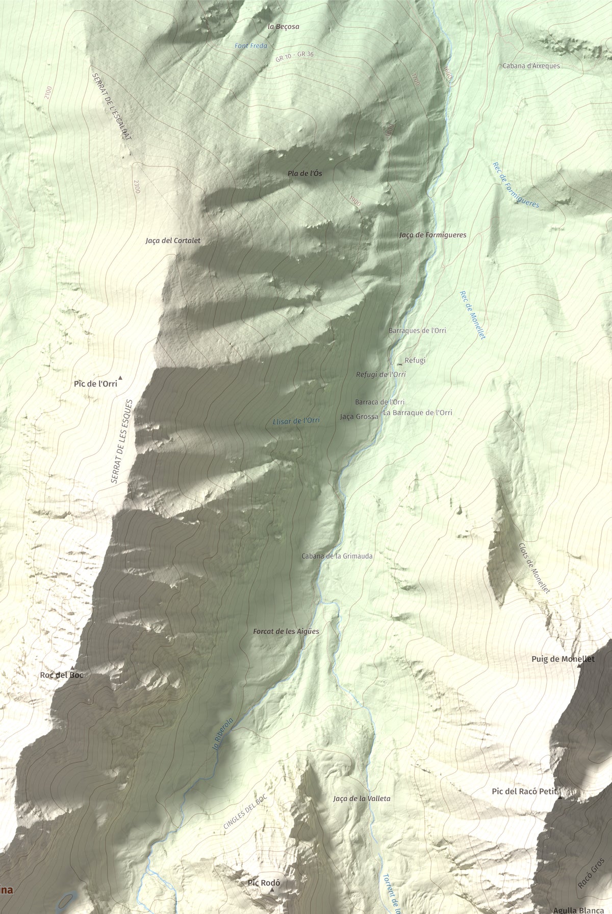 Mapa de relieve de Torre d'Eina, 2830 m, Cerdanya Nord · Conflent, lámina 100 Cims de Trobart. Detalle de la zona superior derecha. 61 × 91 cm.