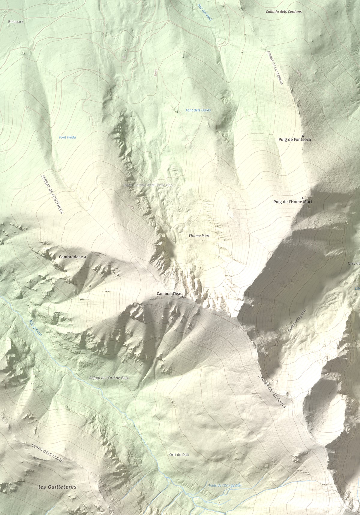 Mapa de relieve de Torre d'Eina, 2830 m, Cerdanya Nord · Conflent, lámina 100 Cims de Trobart. Detalle de la zona superior izquierda. 70 × 100 cm.