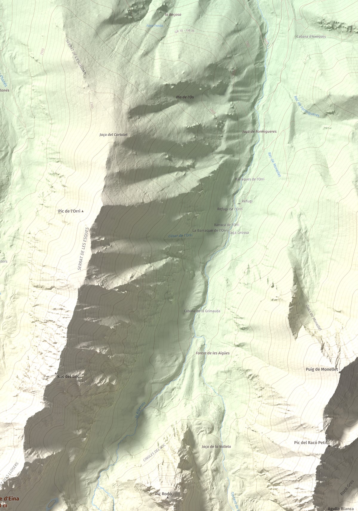 Mapa de relieve de Torre d'Eina, 2830 m, Cerdanya Nord · Conflent, lámina 100 Cims de Trobart. Detalle de la zona superior derecha. 70 × 100 cm.