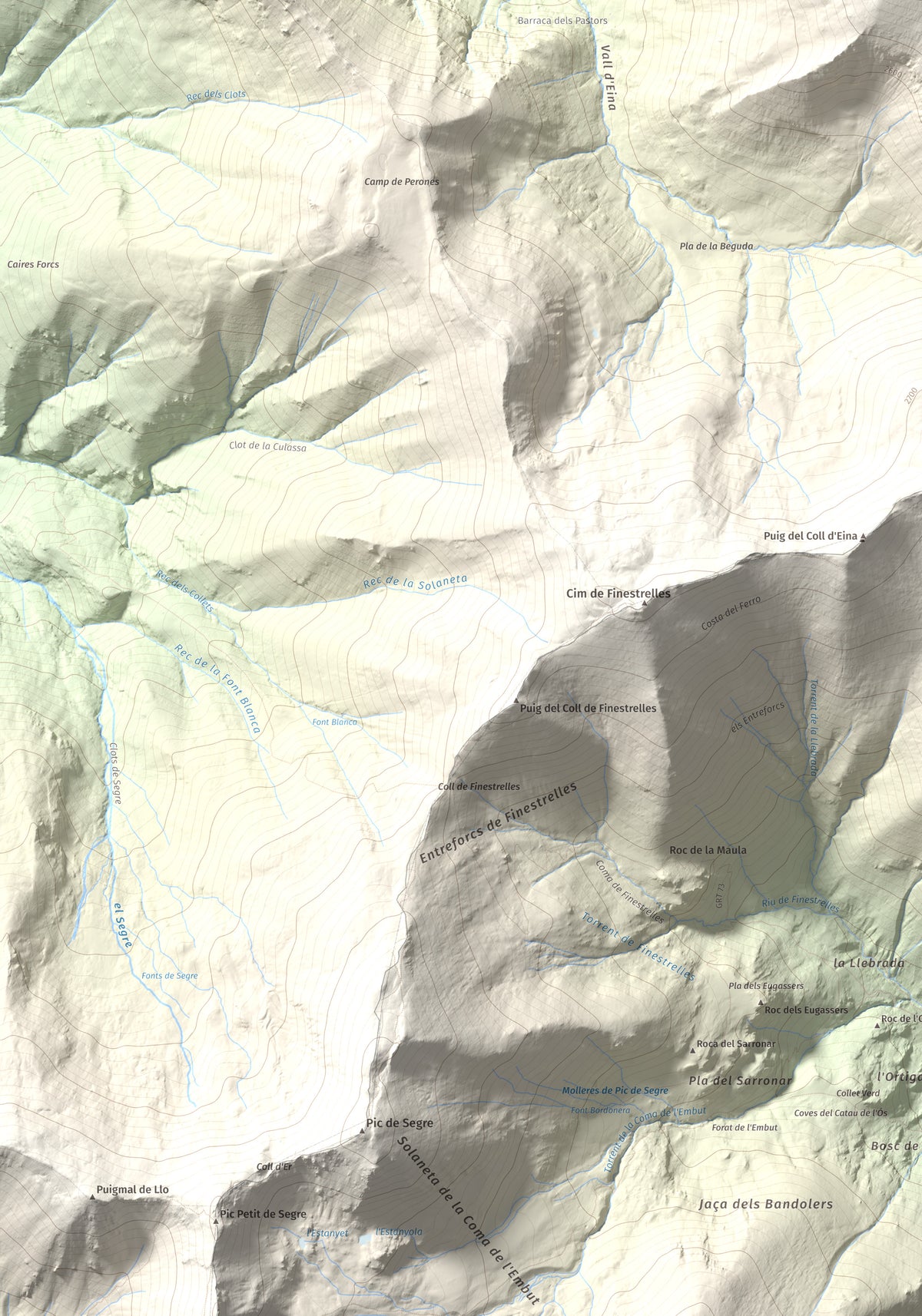Mapa de relieve de Torre d'Eina, 2830 m, Cerdanya Nord · Conflent, lámina 100 Cims de Trobart. Detalle de la zona inferior izquierda. 70 × 100 cm.