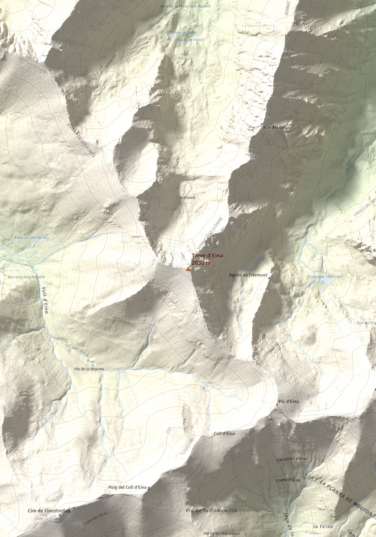 Mapa de relieve de Torre d'Eina, 2830 m, Cerdanya Nord · Conflent, lámina 100 Cims de Trobart. Detalle de la zona central. 70 × 100 cm.