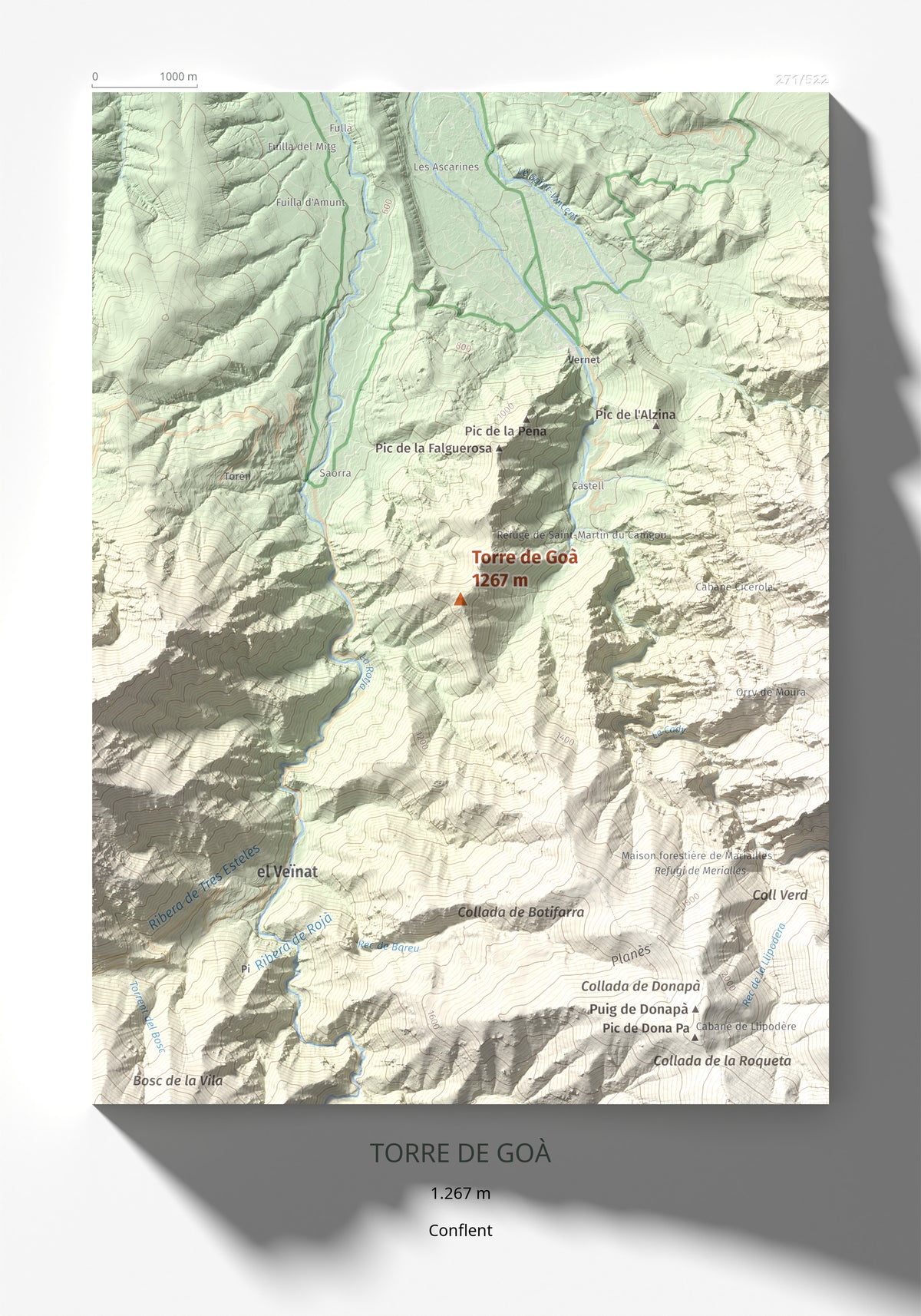 Mapa de relieve de Torre de Goà, 1267 m, Conflent, lámina 100 Cims de Trobart 21 × 30 cm.