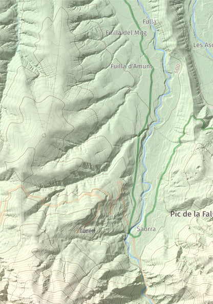 Mapa de relieve de Torre de Goà, 1267 m, Conflent, lámina 100 Cims de Trobart. Detalle de la zona superior izquierda. 21 × 30 cm.